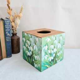 Snowdrops Square Wooden Tissue Box, Green White Floral Luxury Pine Cover, Hand Decorated - thumbnail 3