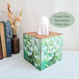 Snowdrops Square Wooden Tissue Box, Green White Floral Luxury Pine Cover, Hand Decorated - thumbnail 2