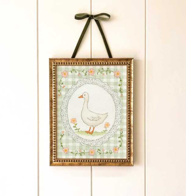Sweet Goose Nursery Print - Gingham Lace Floral Duck Art - image 1