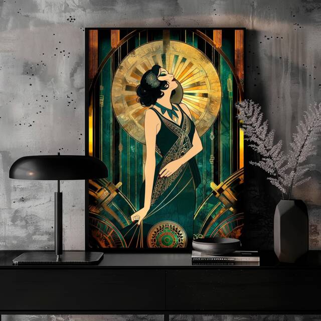Framed Large Art Deco Wall Retro Lovers Gift, Vintage Style Dressing Room 1920 Gold Teal Emerald Decor, 20S Bedroom - image 1