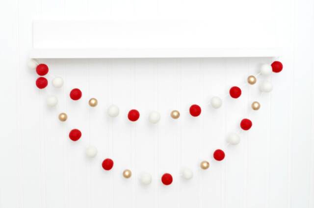 Classic Christmas Tree Decoration - Traditional Holiday Bunting Wool Felt Balls Red, White, & Gold - image 1