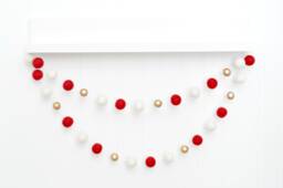 Classic Christmas Tree Decoration - Traditional Holiday Bunting Wool Felt Balls Red, White, & Gold