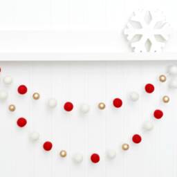 Classic Christmas Tree Decoration - Traditional Holiday Bunting Wool Felt Balls Red, White, & Gold - thumbnail 2