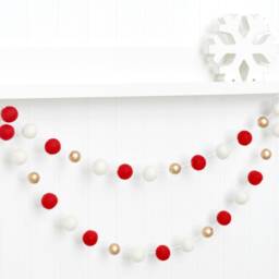 Classic Christmas Tree Decoration - Traditional Holiday Bunting Wool Felt Balls Red, White, & Gold - thumbnail 3