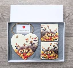 Hedgehog Slate Heart Wall Hanging With Matching Coasters Autumn Wildlife Decor