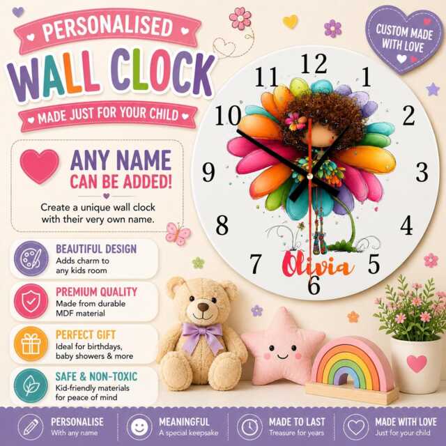 Personalised Flower Girl Fairy Clock, Custom Name Kids Bedroom Decor, Mdf Round Clock - image 1