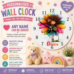 Personalised Flower Girl Fairy Clock, Custom Name Kids Bedroom Decor, Mdf Round Clock