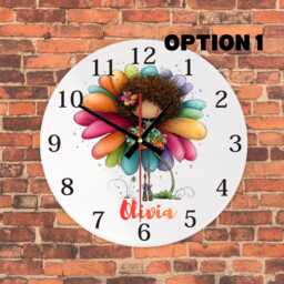 Personalised Flower Girl Fairy Clock, Custom Name Kids Bedroom Decor, Mdf Round Clock - thumbnail 2