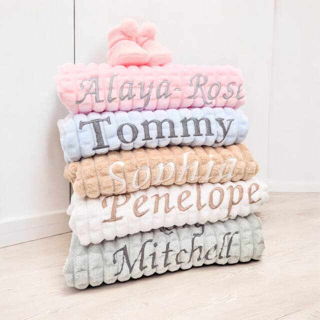 Embroidered Waffle Blanket - Personalised Pink Blue Beige Grey White Lemon - Baby Girl Boy Unisex Babyshower Newborn Coming Home Wrap Muslin - image 1