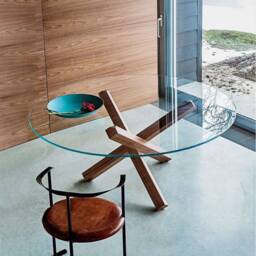 Handmade Round Glass Dining Table - Aikira Wood Base - thumbnail 2