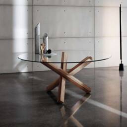 Handmade Round Glass Dining Table - Aikira Wood Base