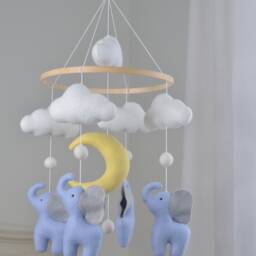 Elephant Nursery Mobile, Baby Mobile Neutral, Crib Felt Ball Decor, Shower - thumbnail 3