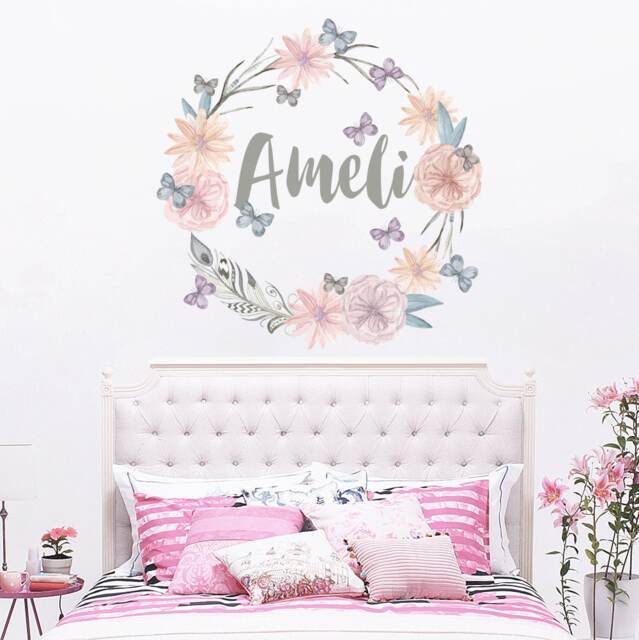 Personalized Name Wall Decal, Boho Floral Wreath Nursery Decor Ma228 - image 1
