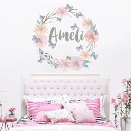 Personalized Name Wall Decal, Boho Floral Wreath Nursery Decor Ma228 - thumbnail 1