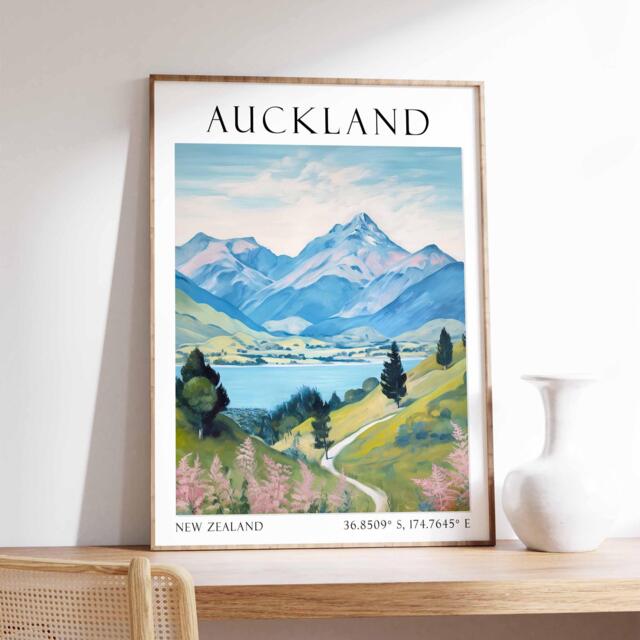 Auckland Travel Print, Poster, New Zealand Wall Art, Auckland Vintage Art, Gift, Landscape - image 1