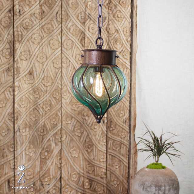 Flama Pendant Light - Aqua Glass & Iron Ceiling - image 1