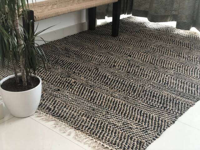 Black Jute Leather Rug Handwoven Scandinavian Farmhouse Carpet - image 1