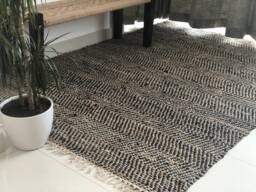 Black Jute Leather Rug Handwoven Scandinavian Farmhouse Carpet