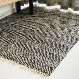 Black Jute Leather Rug Handwoven Scandinavian Farmhouse Carpet - thumbnail 3