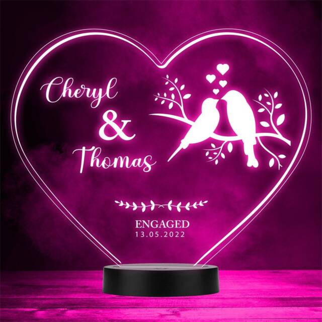 Love Birds Heart Engagement Personalised Gift Colour Changing Night Light - image 1