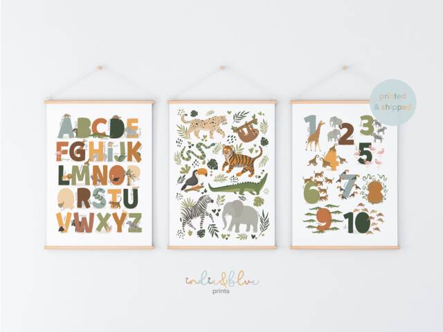 Set Of 3 Safari Animals Prints, Alphabet Print, Numbers Jungle Playroom Scandi Kids Art - image 1
