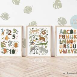 Set Of 3 Safari Animals Prints, Alphabet Print, Numbers Jungle Playroom Scandi Kids Art - thumbnail 2