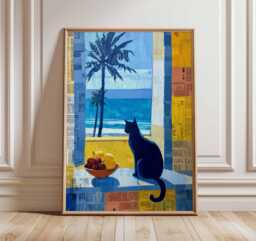 Coastal Cat Wall Art, Mediterranean Painting, Colorful Collage Style Print, Blue Seaside Decor, Modern Animal Poster - thumbnail 1