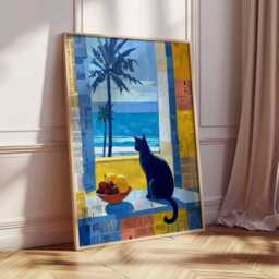 Coastal Cat Wall Art, Mediterranean Painting, Colorful Collage Style Print, Blue Seaside Decor, Modern Animal Poster - thumbnail 2