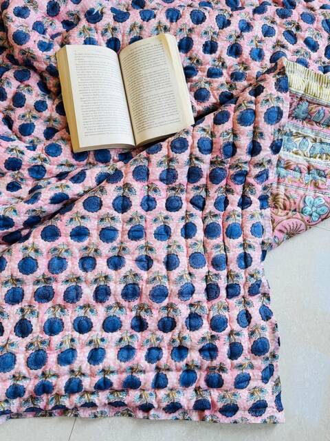 Hand Block Print Queen Quilt Indian Cotton Kantha Bedspread - image 1