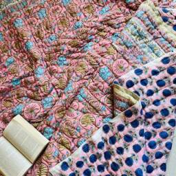 Hand Block Print Queen Quilt Indian Cotton Kantha Bedspread - thumbnail 2