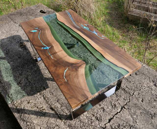 Live Edge River Coffee Table With Glowing Resin Fill in & Shiny Legs - image 1