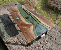 Live Edge River Coffee Table With Glowing Resin Fill in & Shiny Legs - thumbnail 1