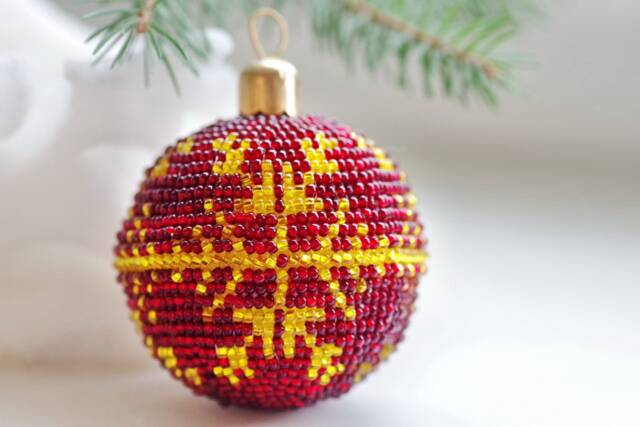 Handmade Beaded Christmas Ball Red & Gold Czech Bead Ornament - image 1