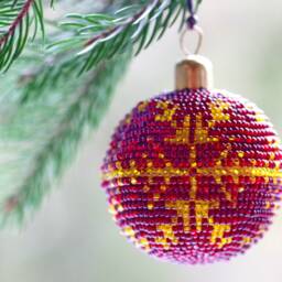 Handmade Beaded Christmas Ball Red & Gold Czech Bead Ornament - thumbnail 2