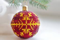 Handmade Beaded Christmas Ball Red & Gold Czech Bead Ornament - thumbnail 1