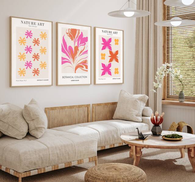 Set Of 3, Geometric Abstract Art, Pink, Beige , Living Room Wall Art Poster Prints Home Decor, A5, A4, A3 A3+ A2 A1 Sizes, Fast Delivery - image 1