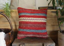 35cm Vintage Kilim Cushion Cover Handwoven - Red Denim Blue Off White Stripes