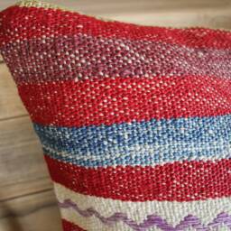 35cm Vintage Kilim Cushion Cover Handwoven - Red Denim Blue Off White Stripes - thumbnail 3