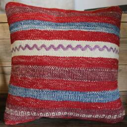 35cm Vintage Kilim Cushion Cover Handwoven - Red Denim Blue Off White Stripes - thumbnail 2