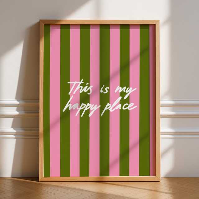 This Is My Happy Place Print, Unframed Art, Italy Typography, Quotes, Simple, Home Decor Gallery Wall, Stripes, Pink, Green Funky White - image 1