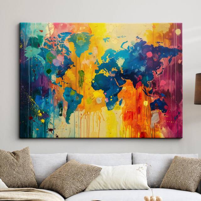 Map Of The World Neon Abstract Painting Framed Poster Print & Canvas Wall Decor Art Bedroom Home Living Room Gift - image 1