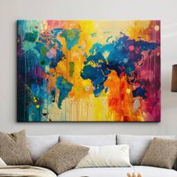 Map Of The World Neon Abstract Painting Framed Poster Print & Canvas Wall Decor Art Bedroom Home Living Room Gift - thumbnail 1