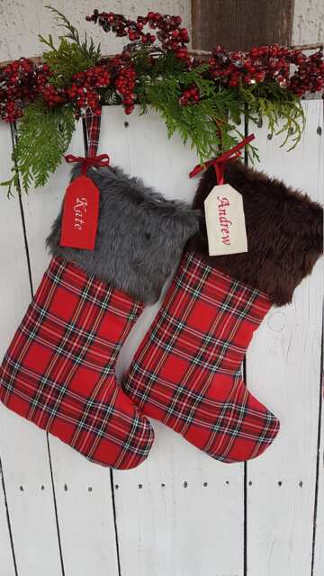 Plaid & Fur Christmas Stocking, Personalized Traditional, Cabin, - Plaid , Tartan, Check, Red Black, Gold, White - image 1
