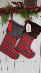 Plaid & Fur Christmas Stocking, Personalized Traditional, Cabin, - Plaid , Tartan, Check, Red Black, Gold, White
