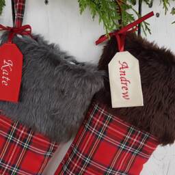 Plaid & Fur Christmas Stocking, Personalized Traditional, Cabin, - Plaid , Tartan, Check, Red Black, Gold, White - thumbnail 3
