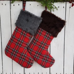 Plaid & Fur Christmas Stocking, Personalized Traditional, Cabin, - Plaid , Tartan, Check, Red Black, Gold, White - thumbnail 2