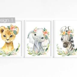 Jungle Animals Nursery Wall Art, Safari Theme Baby Room Decor, Elephant, Giraffe, Zebra Artwork - thumbnail 2