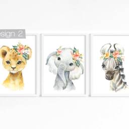 Jungle Animals Nursery Wall Art, Safari Theme Baby Room Decor, Elephant, Giraffe, Zebra Artwork - thumbnail 3