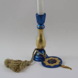 Archangel Michael Candle Holder With Angel Pendant & Tassels, Guardian Home Or Altar Decor, Candlestick Blue Gold Leaf - thumbnail 3