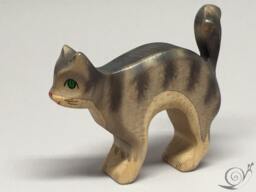 Toy Cat Wooden Grey With Stripes Colourful Cat's Arched Back Size 10, 5x5, 0x2, 2 cm - Bxhxs Aprox. 30 Gr